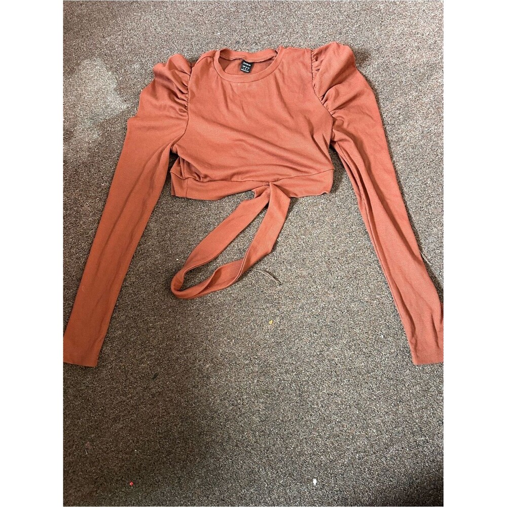 SHEIN Rust Ribbed Puff-Sleeve Tie-Waist Crop Top